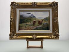Richard Simm (British 1926-), Highland Cattle, oil on canvas, signed bottom right, in a gilt