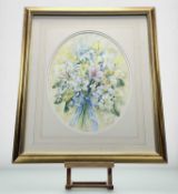 Joan M Ibbotson,A floral bunch of Helens Burn and Narcissi, watercolour, signed, part paper label