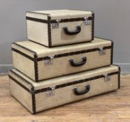 A set of three vintage suitcases by Tizlite, canvas and metal-mounted sides enclosing tartan-lined
