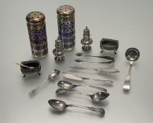 A pair of Birmingham silver salt sellers with one blue liner: l. x 5cm Birmingham 1918 57.5g
