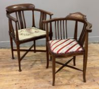 An Edwardian inlaid mahogany corner chair, with inlaid patera over slat back and red and cream