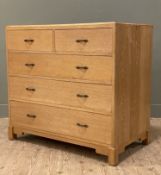 A modern solid oak chest of drawers, fitted with two short over three graduated long drawers, raised