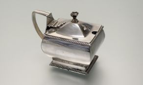 A George III Henry Nutting London silver rectangular tapered drum mustard with finial and hinged top