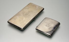 A Birmingham Mappin & Webb silver rectangular presentation double cigarette case with engraved crest