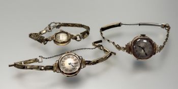 A group of three vintage 9ct gold cased wristwatches on rolled gold bracelets 48.9g (3)