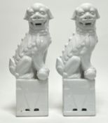 A pair of modern white ceramic foo dog figures, raised on pierced bases (34cm) (2)