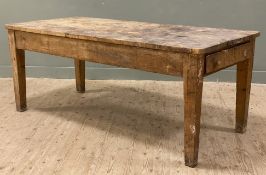 An early 20th century pine country house pantry table, rectangular plank top with two drawers to