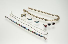 A collection of costume and silver jewellery to include a silver oval link bracelet set turquoise,
