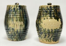 A pair of 19thc Scottish Morrison & Crawford of Kircaldy storage jars of barrel form in cream,