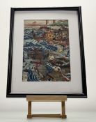 A pair of Japanese ukiyo-e woodblock print, each depicting two parts of a triptych battle scene at