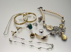 A collection of costume jewllery to include a silver CZ set cluster ring L/M 4.7g, a silver three