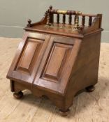 A Victorian mahogany coal scuttle, spindle top with auto-opening mechanism, twin inset doors to