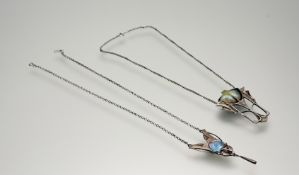 A silver Art Nouveau inspired enamel pendant necklace: l. x 22cm together with butterfly wing enamel