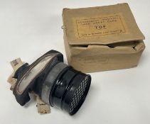 A WWII gas mask, bearing 'Lot 2157' to front, medium printed to side strap, issued by Glasgow A.R.P.