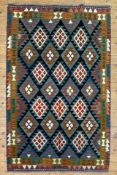 A hand-knotted Maimana kilim rug, central panel with repeating diamond motif on navy blue ground and