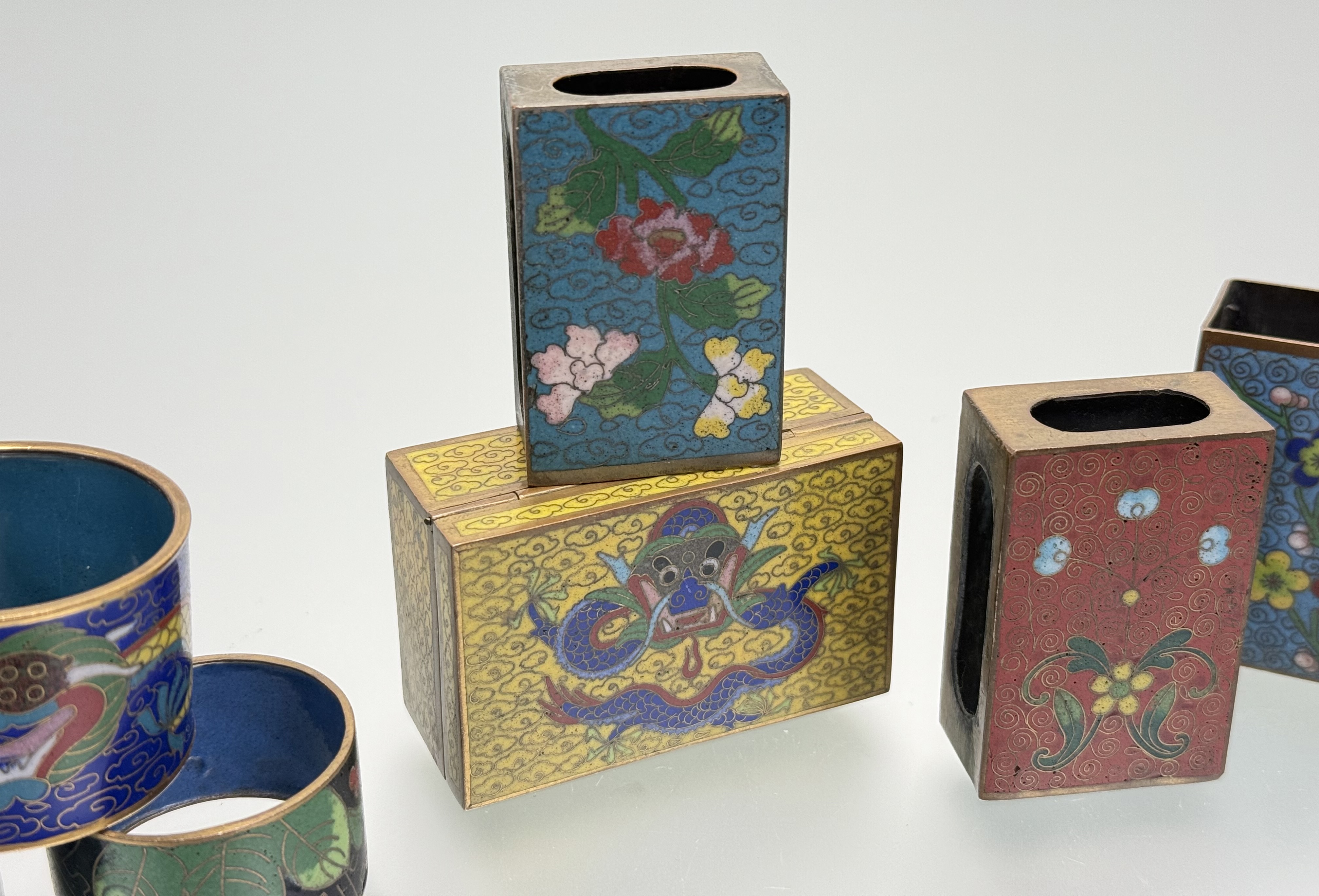 A collection of seven various Chinese cloisonne napkin rings decorated with dragon, flowers and - Image 3 of 5