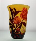 An Art Nouveau cameo glass vase, with etched red peonies signed / designed by Muller Frères
