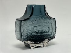 A Whitefriars glass 'TV' vase by Geoffrey Baxter, decorated in the pewter colourway (h. 17.5cm)