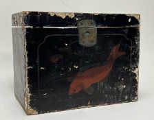 A Japanese black lacquered storage chest, with hand-painted stylised koi fish and flowers (a/f) (