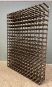 A substantial steel and pine wine rack, capacity for 252 bottles (a/f damaged, signs of corrosion