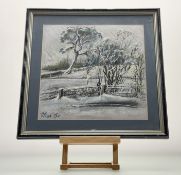 TR Oliver, Scots Pine at Winter Hedgerow Berwickshire, mixed media, signed and dated '84 bottom