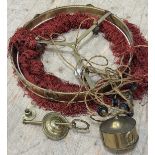 An Edwardian brass rise and fall light fitting, for three lamps, in refurbished condition, laurel