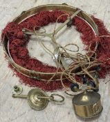 An Edwardian brass rise and fall light fitting, for three lamps, in refurbished condition, laurel