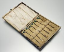 A set of six Birmingham silver cockerel enamel cocktail sticks in original fitted case: l. x 8cm