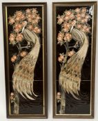 A pair of framed Maw & Co Majolica hand-painted tiles, decorated with peacocks amongst a