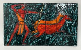 A Mid Century ceramic tile plaque by Andre Bayer (Belgian), illustrating a stylized hunting scene