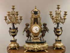 A Napoleon III-style gilt brass and bronzed mantle clock set, clock with urn top and white enamel
