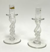 A pair of handblown glass twisted stem candlesticks, signed indistinctly verso, probably Bob