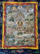 A Tibetan late 20thc School, Buddha Life Story Mandala, with Shakyamuni Buddha to centre, gouche