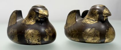 A pair of late 19thc Japanese cast bronze with splashes of gold mandarin duck screen holders. (h-