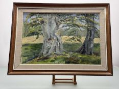 Shirley Mathieson, Trees at Edzell, oil on canvas, signed, titled and dated 1981 verso, framed. (
