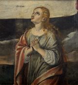 A 19thc Continental School, A seated figure praying, oil on canvas, in a gilt frame. (signs of