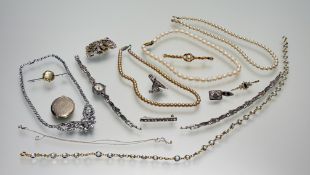 A collection of costume jewellery to include a white metal paste set cluster necklace: l. x 2cm, a