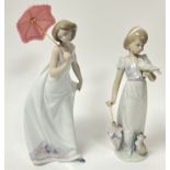 A Lladro porcelain figurine 'Summer Stroll', modelled as a young girl holding a bird and an umbrella