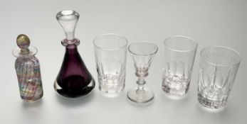 A collection of various glassware comprising, a multi-coloured wave art glass perfume bottle by