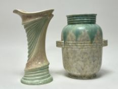 A Mid Century Sylvac vase model 3397 of draped asymmetric form with mottled green and pink glaze (h.