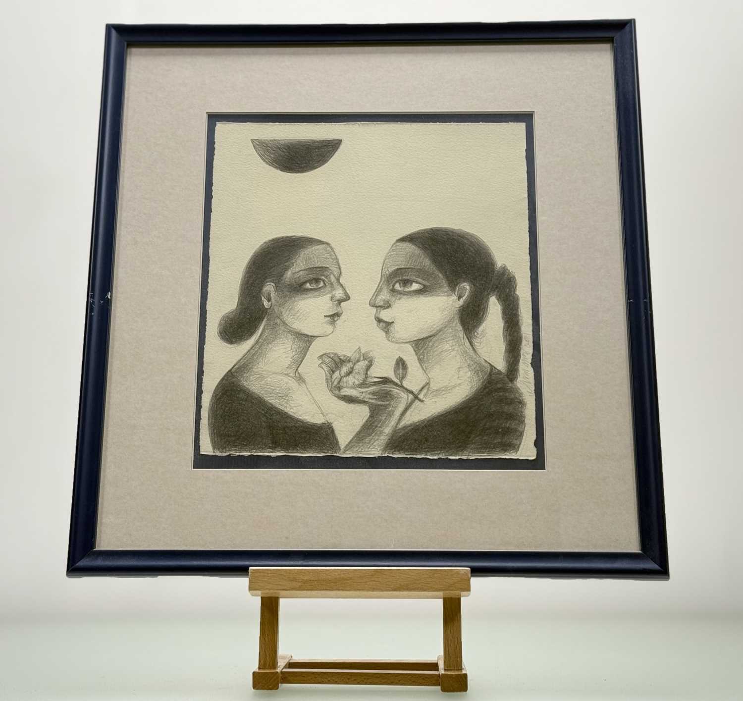 A 20thc European School, Two female side profiles one with flower in the palm of her hand, pencil