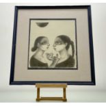 A 20thc European School, Two female side profiles one with flower in the palm of her hand, pencil