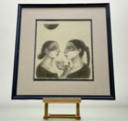 A 20thc European School, Two female side profiles one with flower in the palm of her hand, pencil