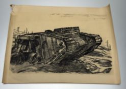 A pair of Muirhead Bone War Drawings prints one titled - Dead Tank print (51cmx38cm), slight tear to