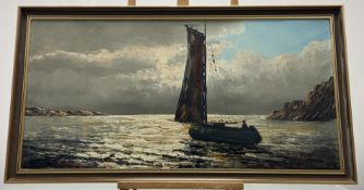 V.Vegt (20thc School), Boat at sea, oil on canvas, signed bottom right, framed. (39cmx78.5cm)