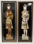 A near-matched pair of framed Maw & Co Majolica hand-painted tiles, decorated with knights in