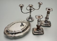 A epns three-branch cadleabrum with beaded border: h. x 20cm w. x 25cm, together with an epns