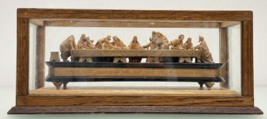 A hand-carved wooden scuplture piece of the Last Supper, with engraving biblical verse reading - 