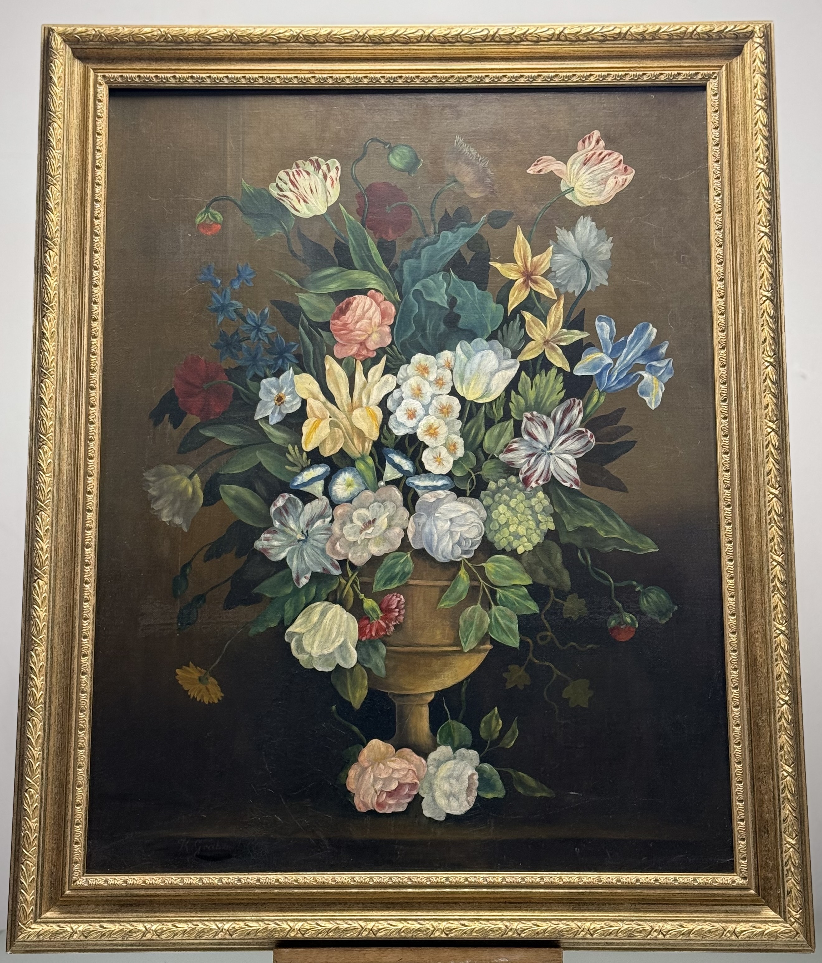 K.Grahms, A Still of a blooming flowering bouquet, oil on canvas, signed bottom left, in a gilt - Image 2 of 2