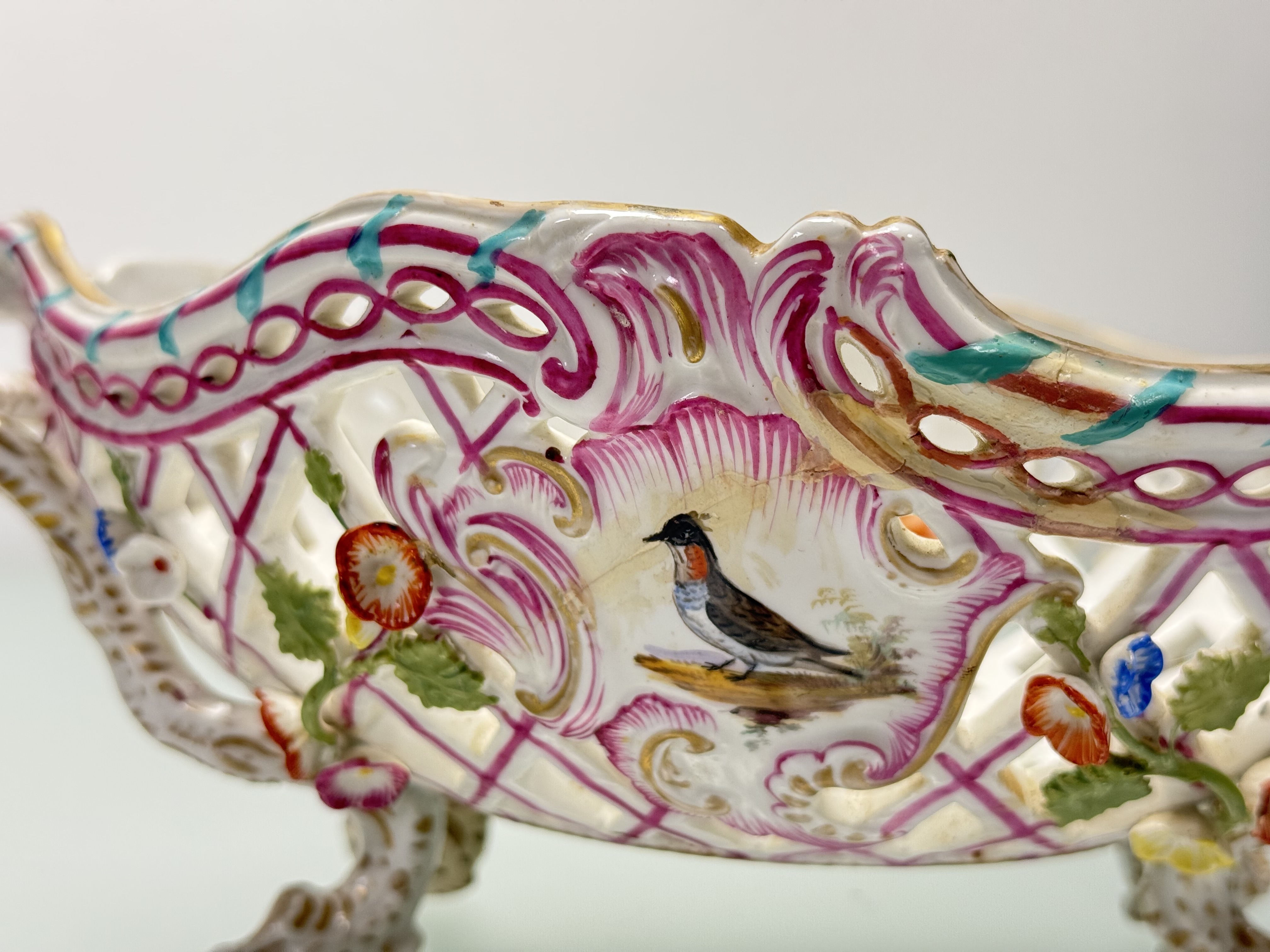 A pair of K.P.M. Berlin porcelain baskets, 19th century, oval, reticulated and floral-encrusted, - Image 7 of 7